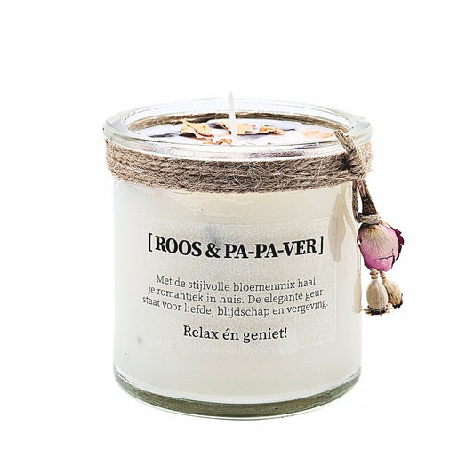 DIY pakket - Candlelight-on kaarsen maken met sojawas, droogbloemen en etherische olie - roos en papaver