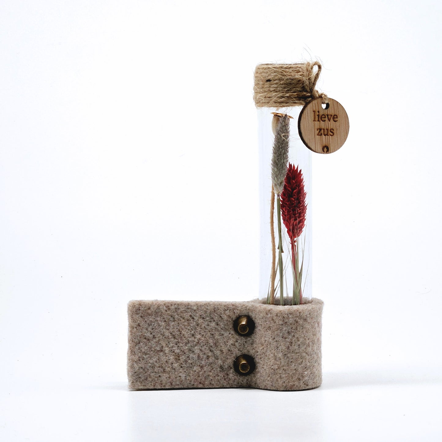DIY pakket - Candlelight-on droogbloemen in reageerbuisje met vilt - lieve zus