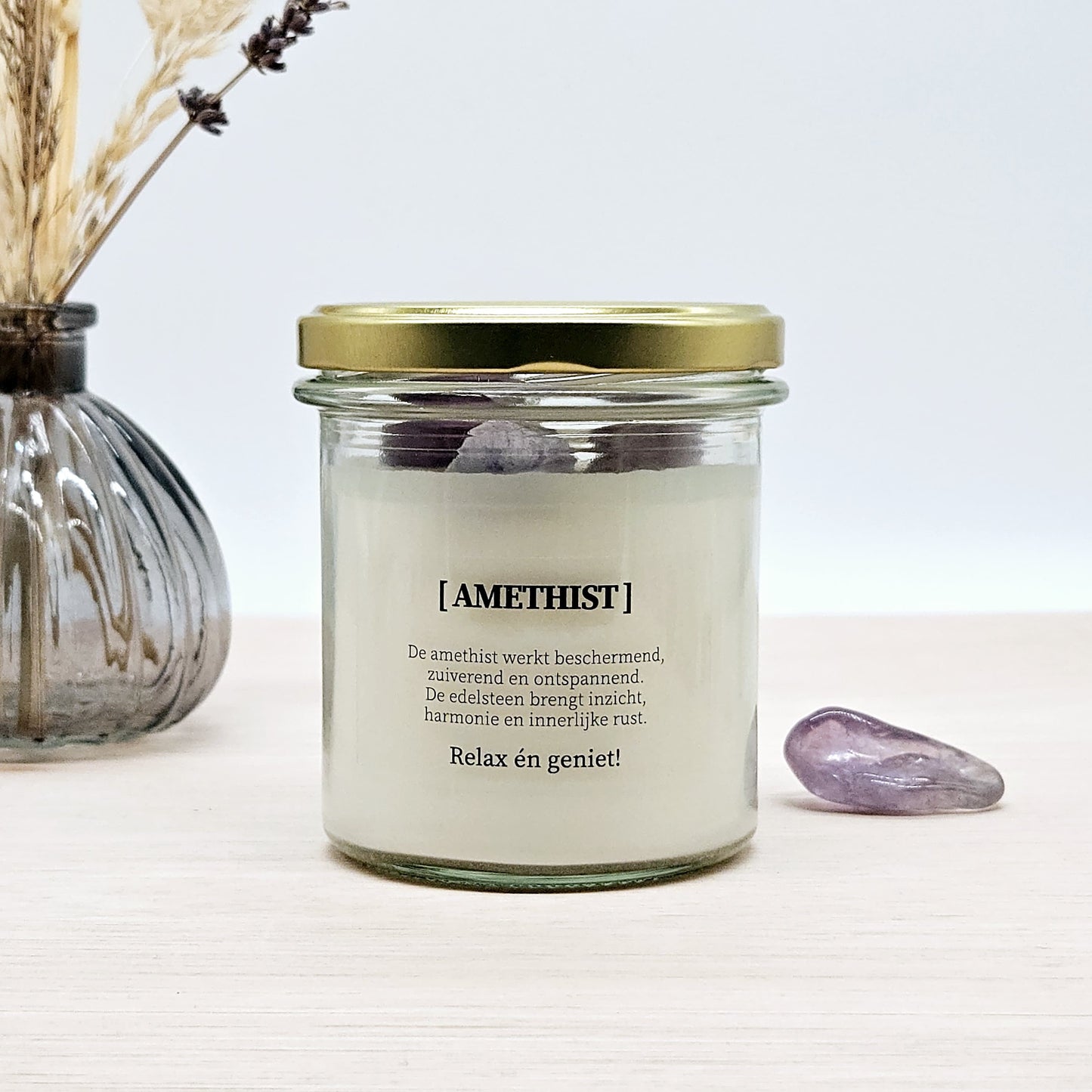 Candlelight-on - kaars met edelsteen en geurdecoratie - Amethist - o.b.v. sojawas en etherische oliën
