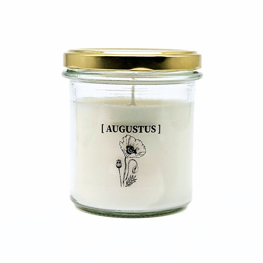 Candlelight-on - geurkaars met geboortebloem en geboortedatum - augustus - o.b.v. sojawas en etherische oliën