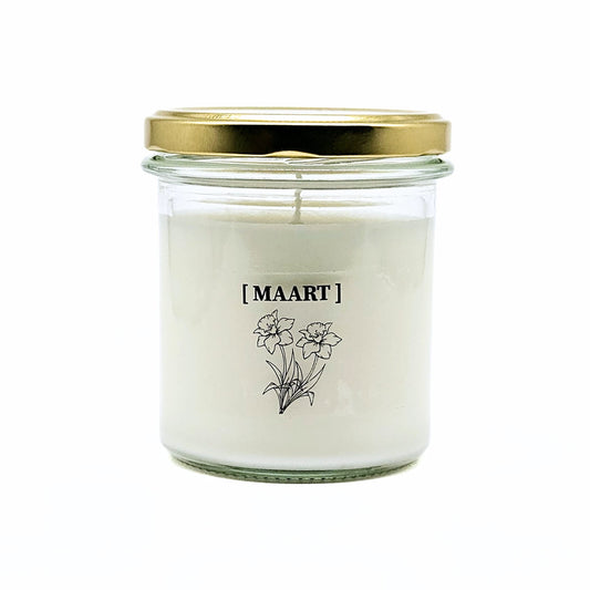 Candlelight-on - geurkaars met geboortebloem en geboortedatum - maart - o.b.v. sojawas en etherische oliën