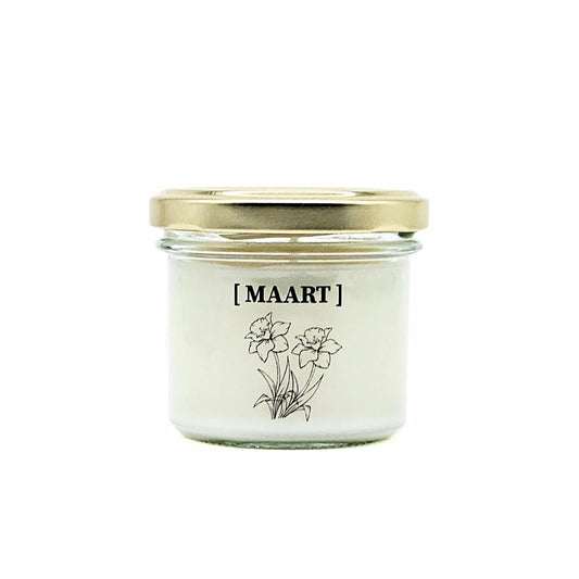 Candlelight-on - geurkaars met geboortebloem en geboortedatum - maart - o.b.v. sojawas en etherische oliën