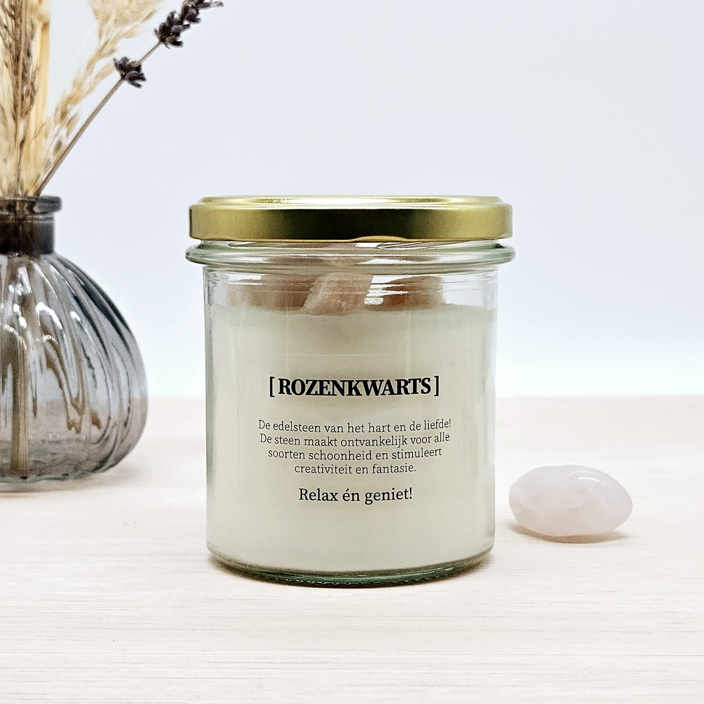 Candlelight-on - kaars met edelsteen en geurdecoratie - Rozenkwarts - o.b.v. sojawas en etherische oliën