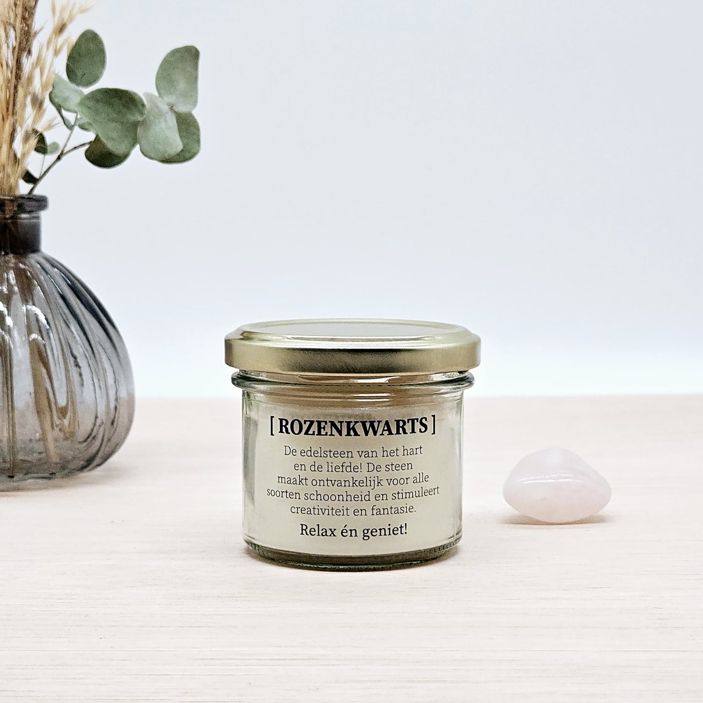 Candlelight-on - kaars met edelsteen en geurdecoratie - Rozenkwarts - o.b.v. sojawas en etherische oliën