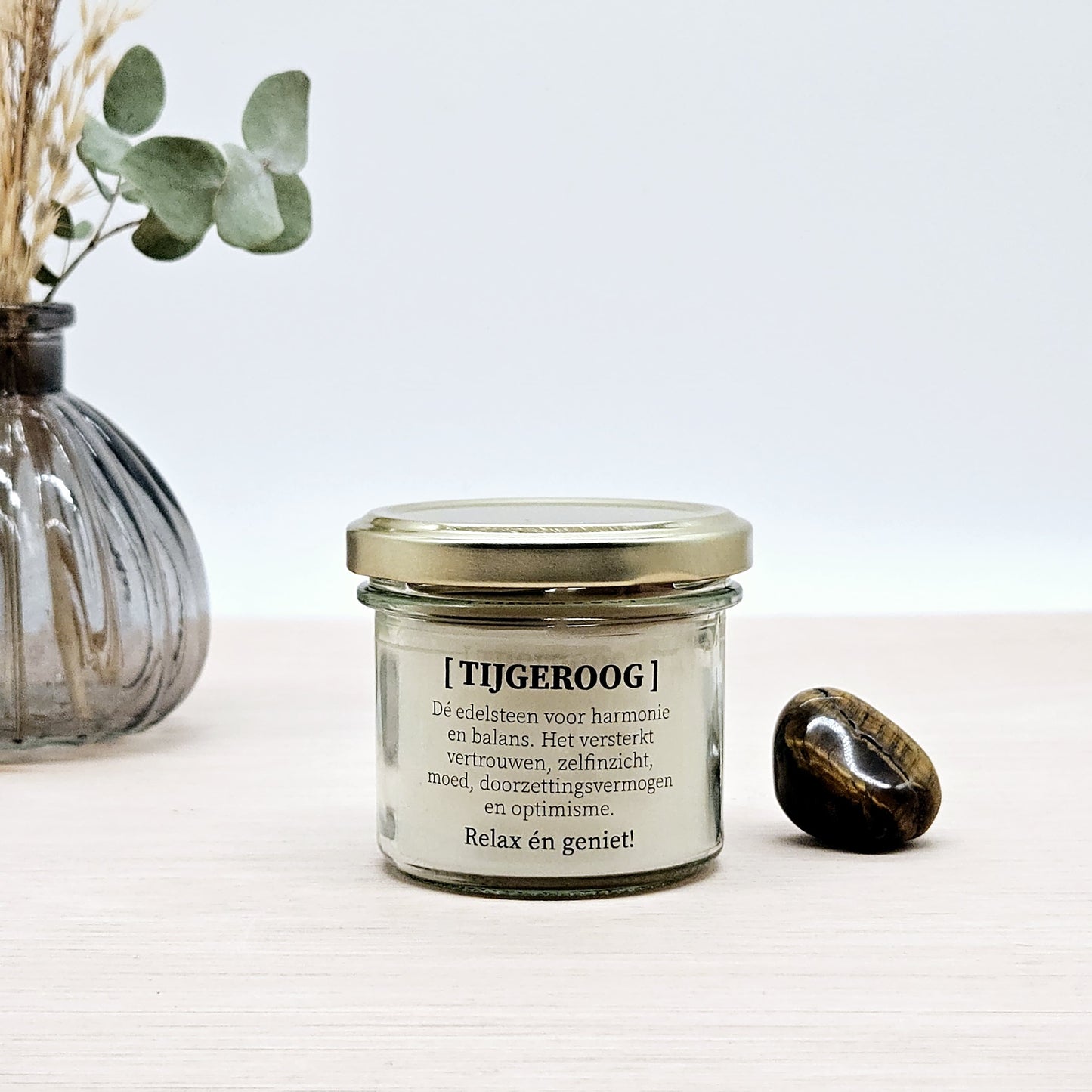 Candlelight-on - kaars met edelsteen en geurdecoratie - Tijgeroog - o.b.v. sojawas en etherische oliën